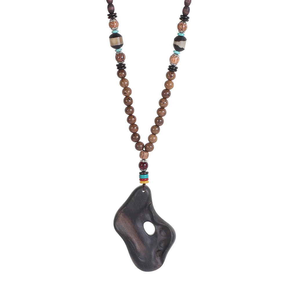 Nepal Wood Bead Pendant Long Necklace Jewelry