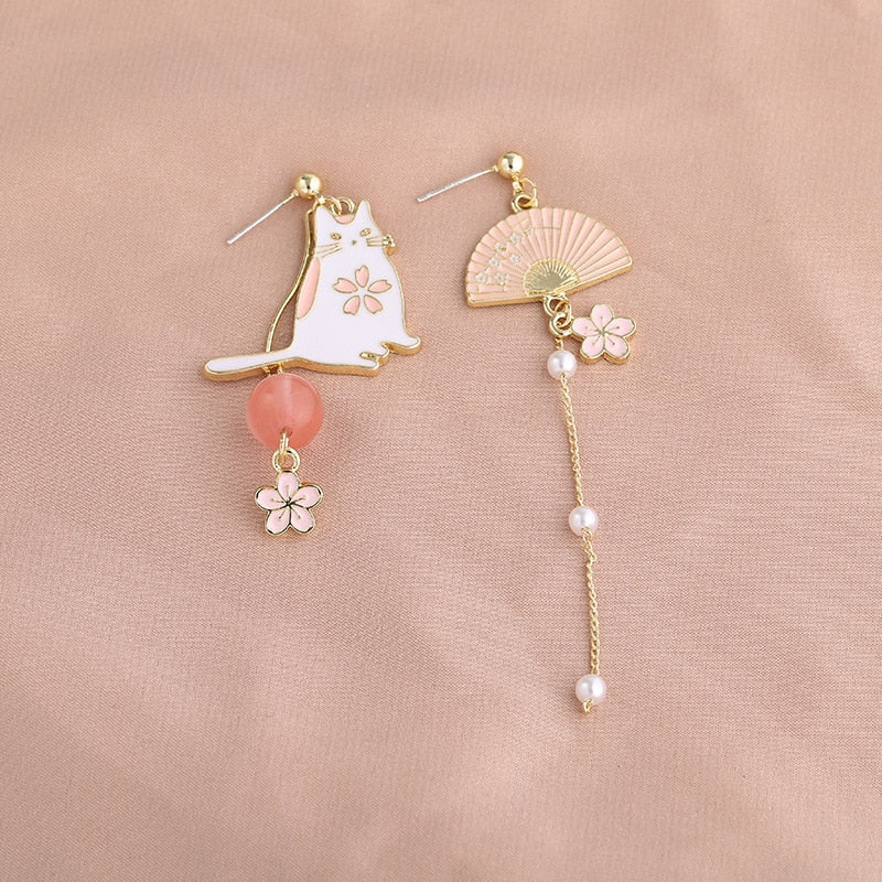 Asymmetrical Imitation Pearls Pink Skura Flower Earrings Fan Funny Cute Cat Clip on Earrings Without No Piercing for Women Girl