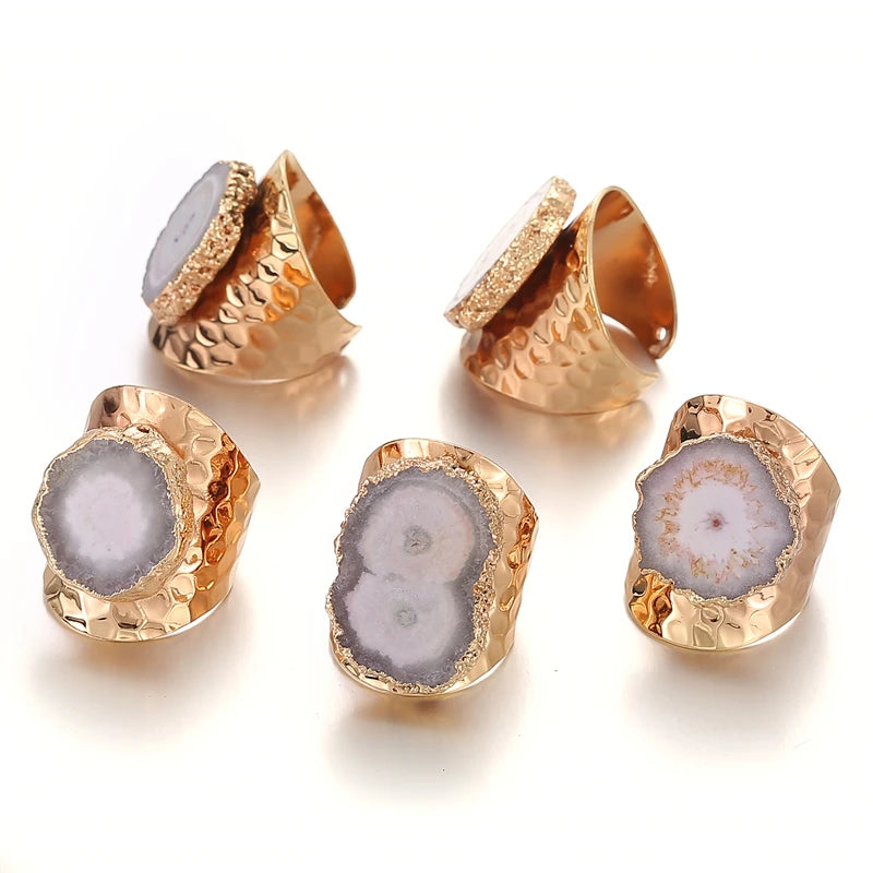 Boho Irregular Natural Stone Agate Slices Sunflower Wide Open Ring for Women Gold Plated Resizable Finger Jewelry - Charlie Dolly