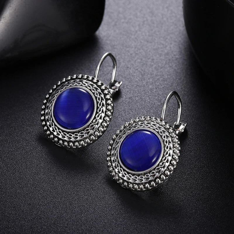 Tibetan Silver Opal Carved Long Earrings Jewelry