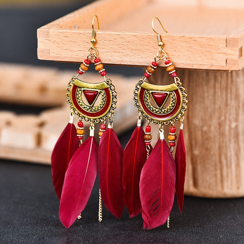 Bohemian White Semicircle Long Feather Tassel Ladies Earrings Women Summer Indian Jewelry Natural Wood Beads Dangle Earrings