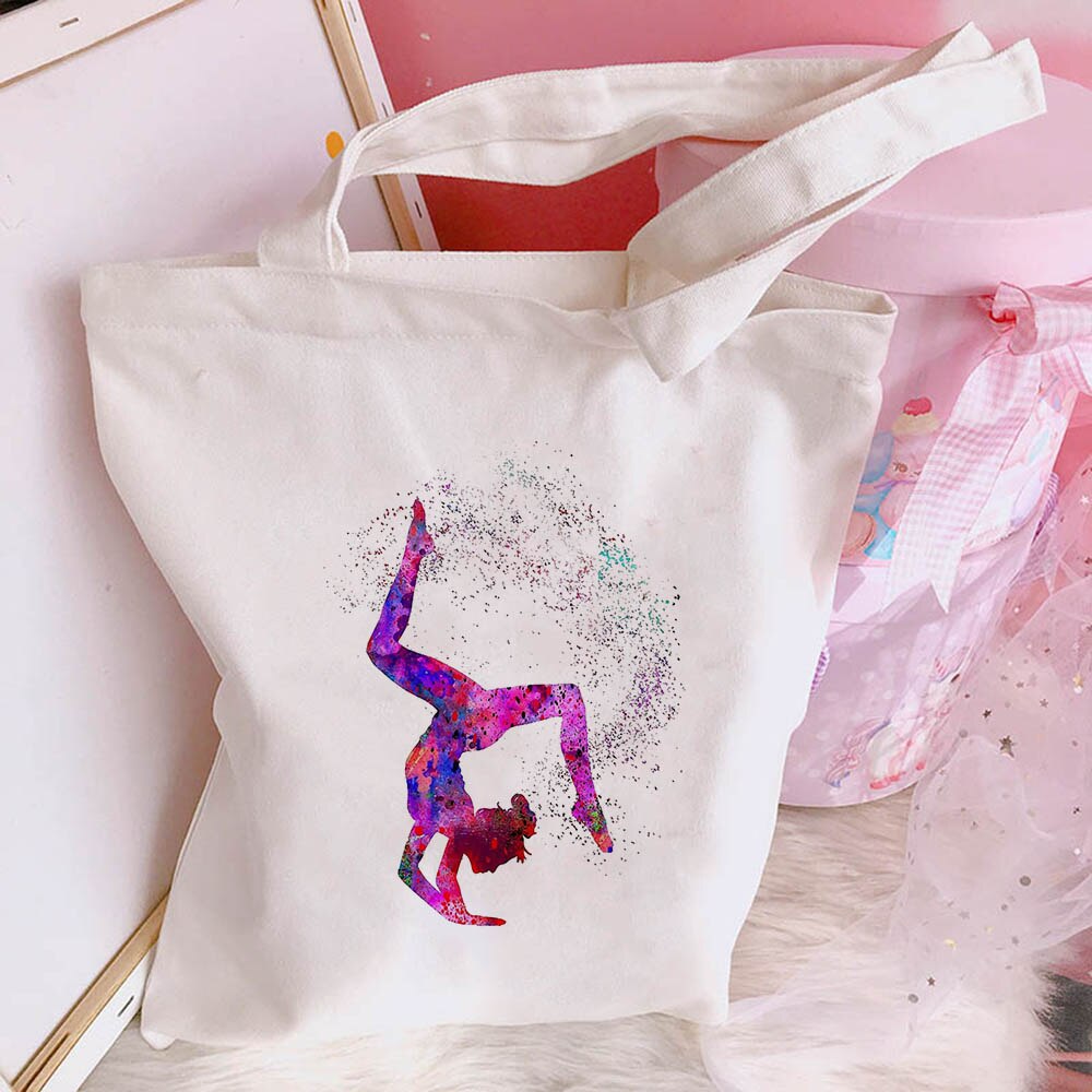 New Women's Casual Canvas Bag Pink Ballet Dance Girl Print Shopping Bag Lady Handbag Reusable Large Capacity Tote Bags