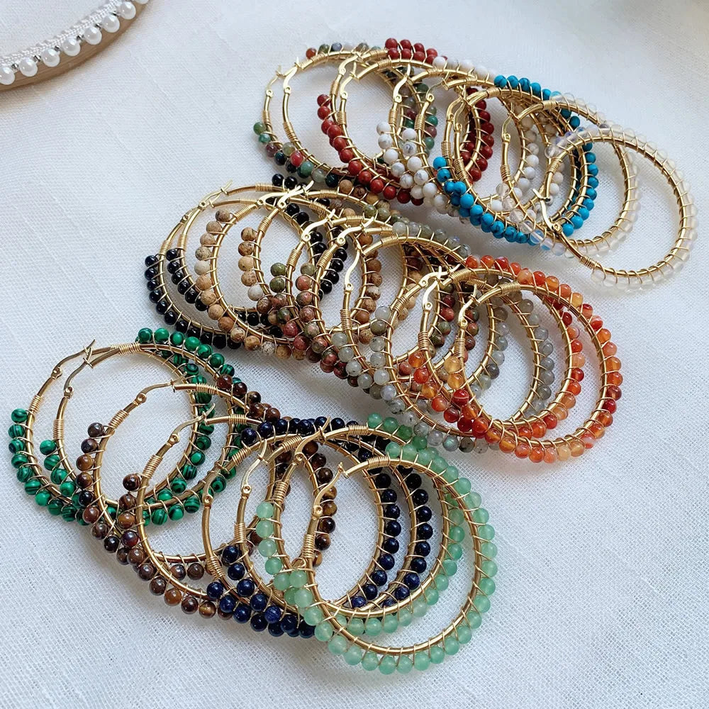 50mm Large Natural Stone Earrings for Women Ear Ring Agates Crystal Gold Plated Stainless Steel Circle Hoop Earring Boho Jewelry - Charlie Dolly