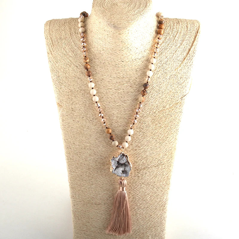 Knotted Natural Stone Long Tassel Necklace Jewelry