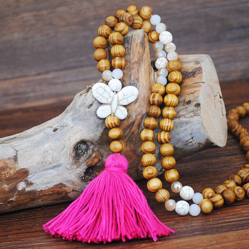 Yumfeel New Bohemian Necklace Handmade Stones Tassels Wood Beads Necklace Long Women Jewelry Gifts