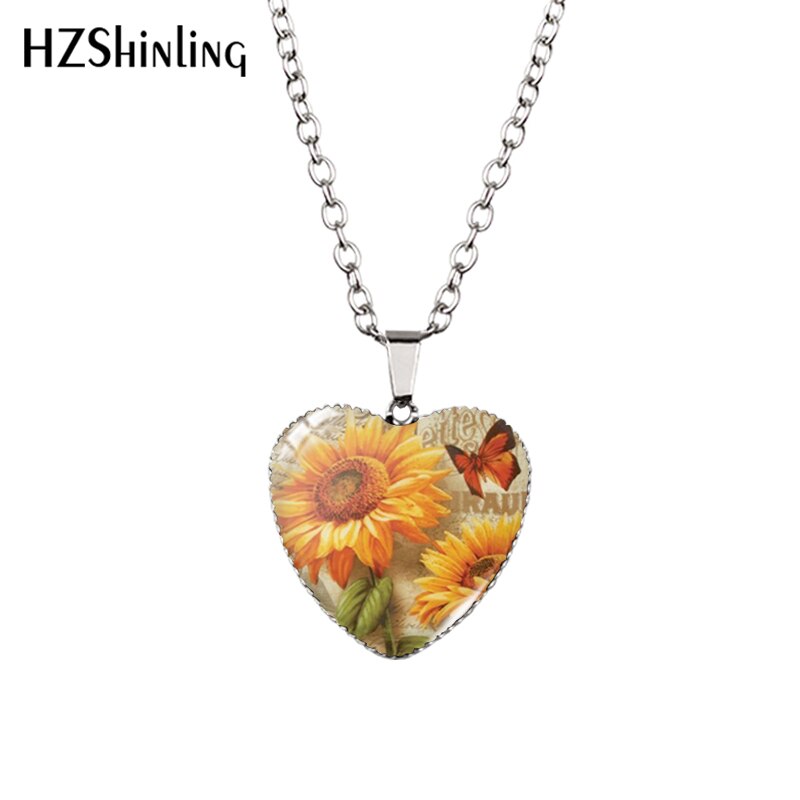 Sunflower Heart Necklace Yellow Sunflower Pendant Glass Picture Jewelry Fashion Heart Necklace HZ3