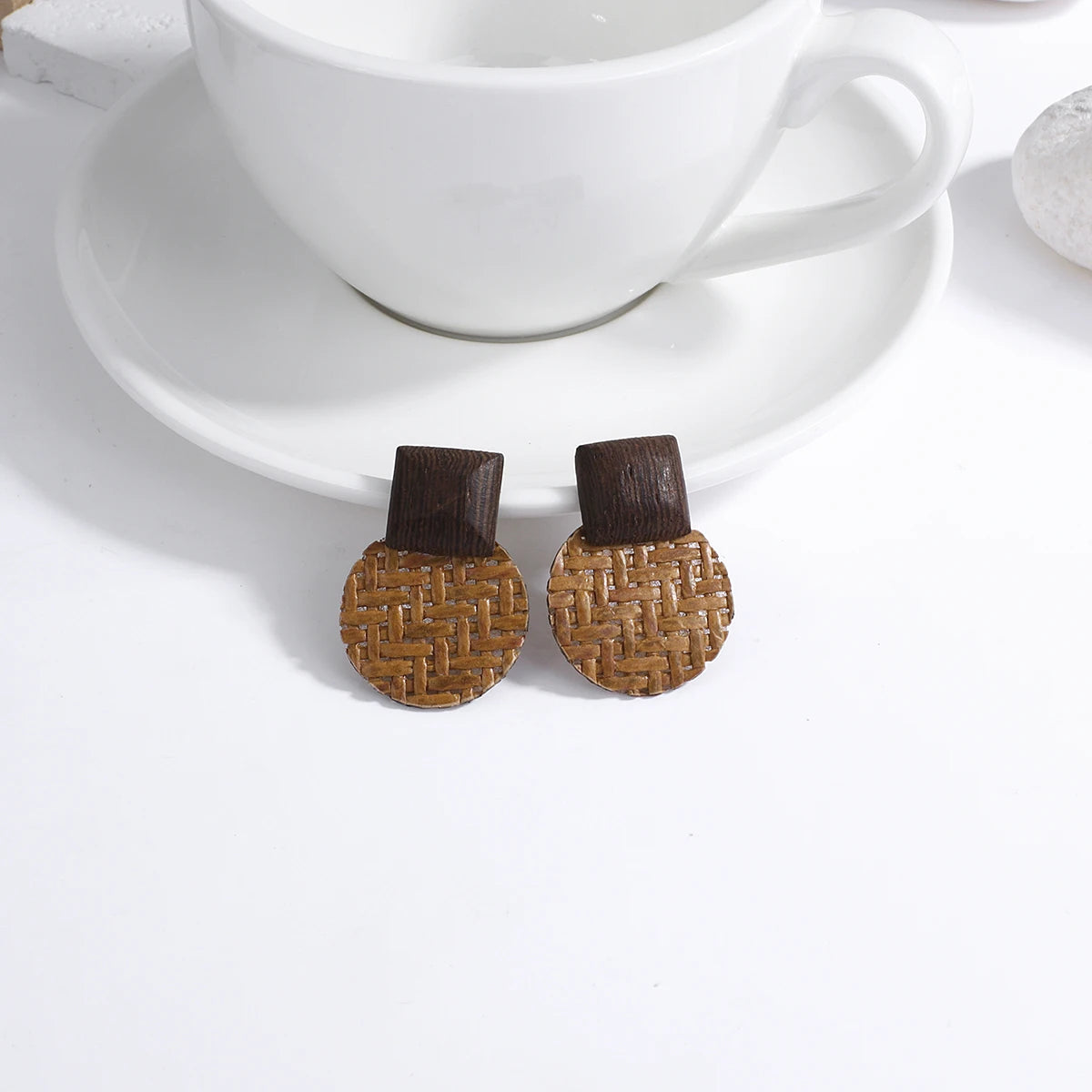 Wooden Rattan Braid Geometric Drop Earrings Jewelry