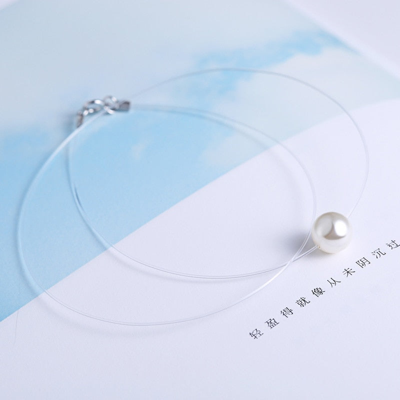 925 Sterling Silver Zircon Crystal Pearl Pendant Choker Necklace Transparent Fishing Line 2020 Fine Jewelry For Women