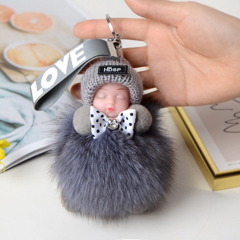 Pompom Sleeping Baby Keychain Cute Fluffy Plush Doll Keychains Women Girl Bags Keyrings Cars Key Ring Gift Charming Decoration