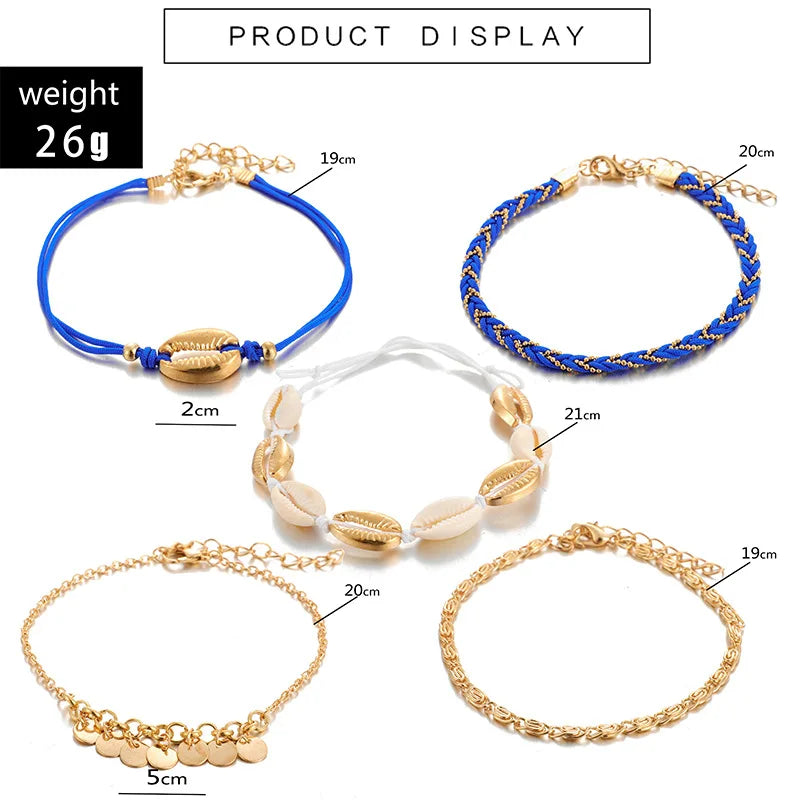 Handmade Shell and Stone Bead Multilayer Boho Anklet Set
