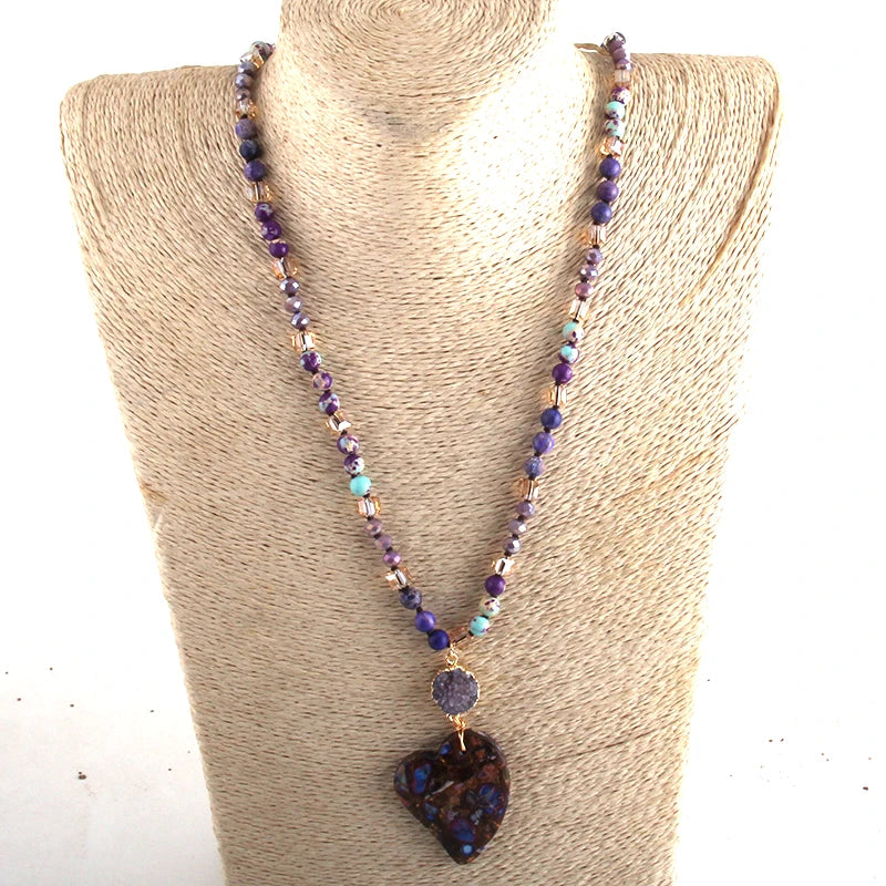 Fashion Bohemian Jewelry Boho Gift Natural Stones With Druzy Links Heart Stone Pendant Necklaces For Women - Charlie Dolly