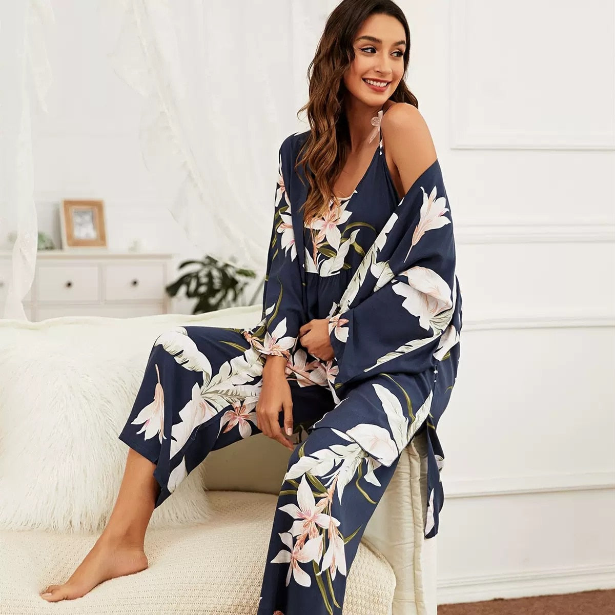 HOT SELLING 3Pcs Soft Pajama Set For SPRING & FALL Ladies Sleepwear Floral Printed Pink Leaves Cardigan+Camisole+Pants Homewear