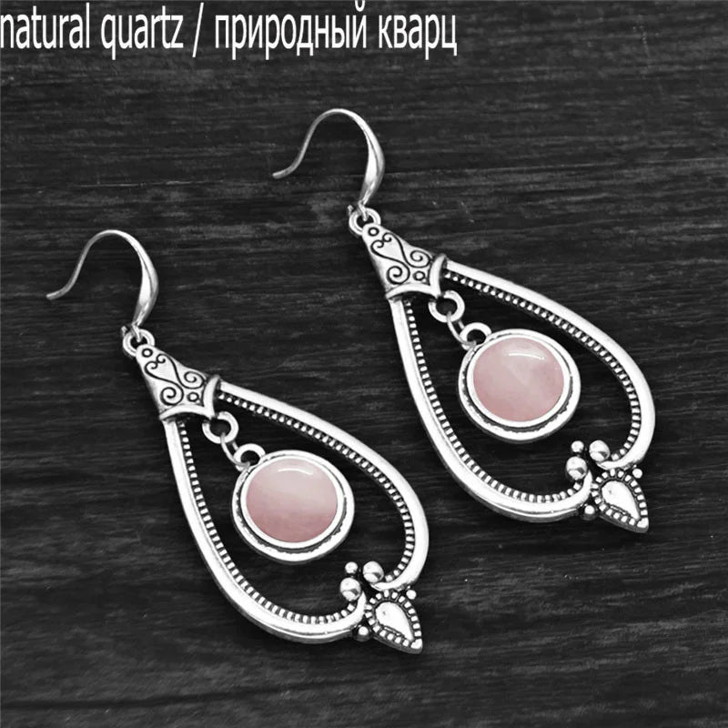 Round Amethysts Drop Earrings For Women Tibetan Silver Natural Stone Rose Quartz Lapis Lazuli Tiger Eye Fashion Dangle Earring - Charlie Dolly