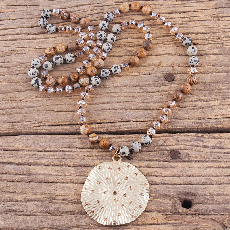 RH Fashion Bohemian Jewelry Natural Stones With Glass Links Crystal Round Pendant Necklaces For Women Boho Gift - Charlie Dolly
