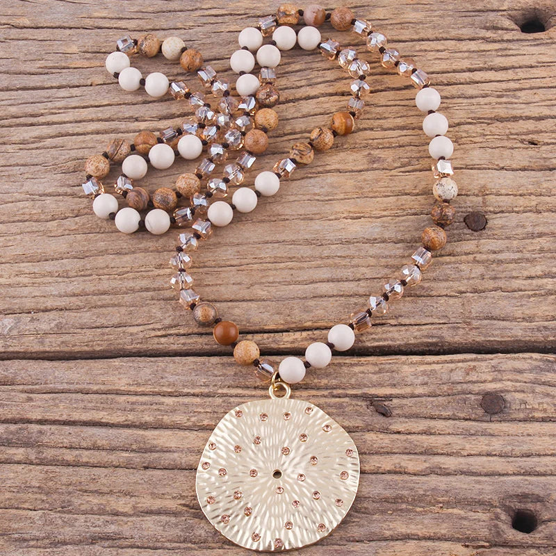 RH Fashion Bohemian Jewelry Natural Stones With Glass Links Crystal Round Pendant Necklaces For Women Boho Gift - Charlie Dolly