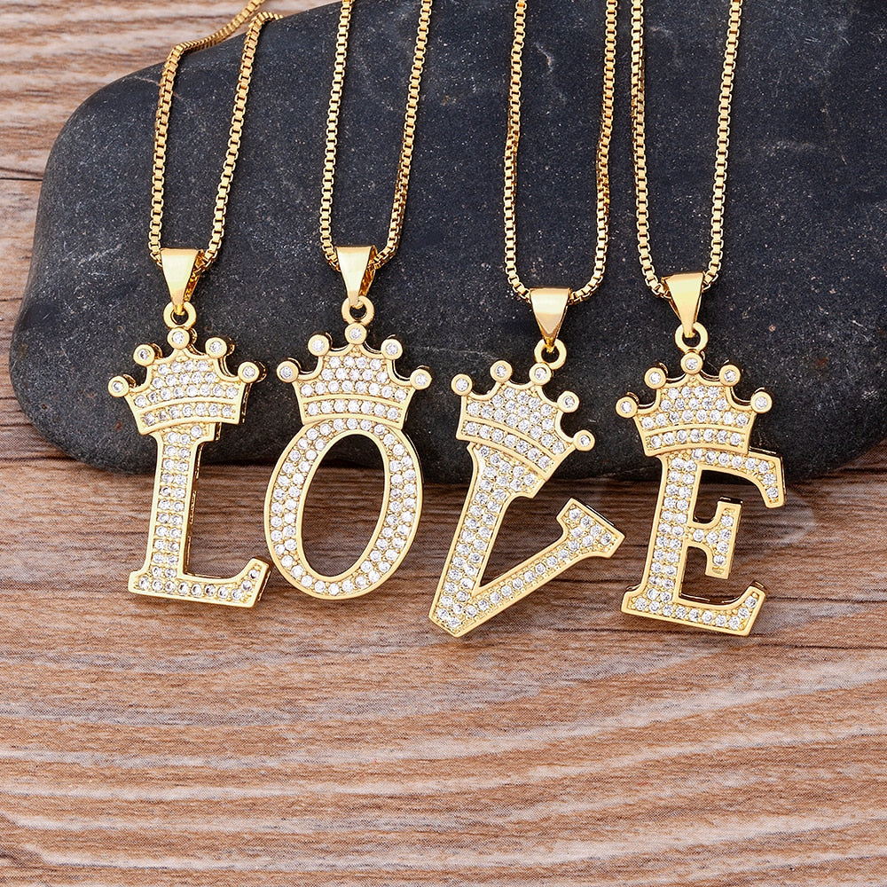 Nidin Luxury Copper Zircon A-Z Crown Alphabet Pendant Chain Necklace Hip-Hop Style Fashion Woman Man Initial Name Jewelry