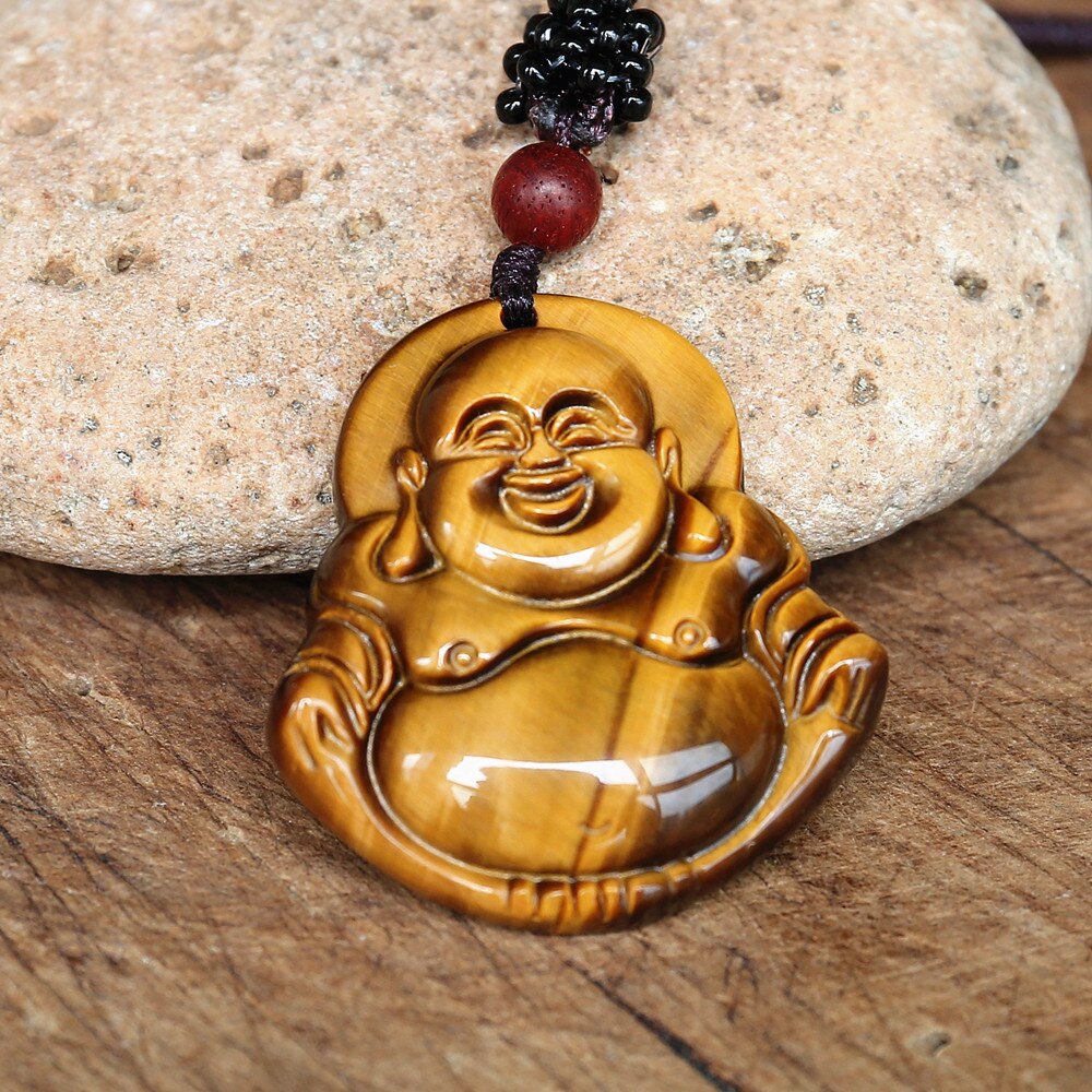 Zen Buddhism Tiger Eye Carved Maitreya Buddha Pendant Necklace Natural Stone Lucky Energy Yoga Necklace Women Men Jewelry