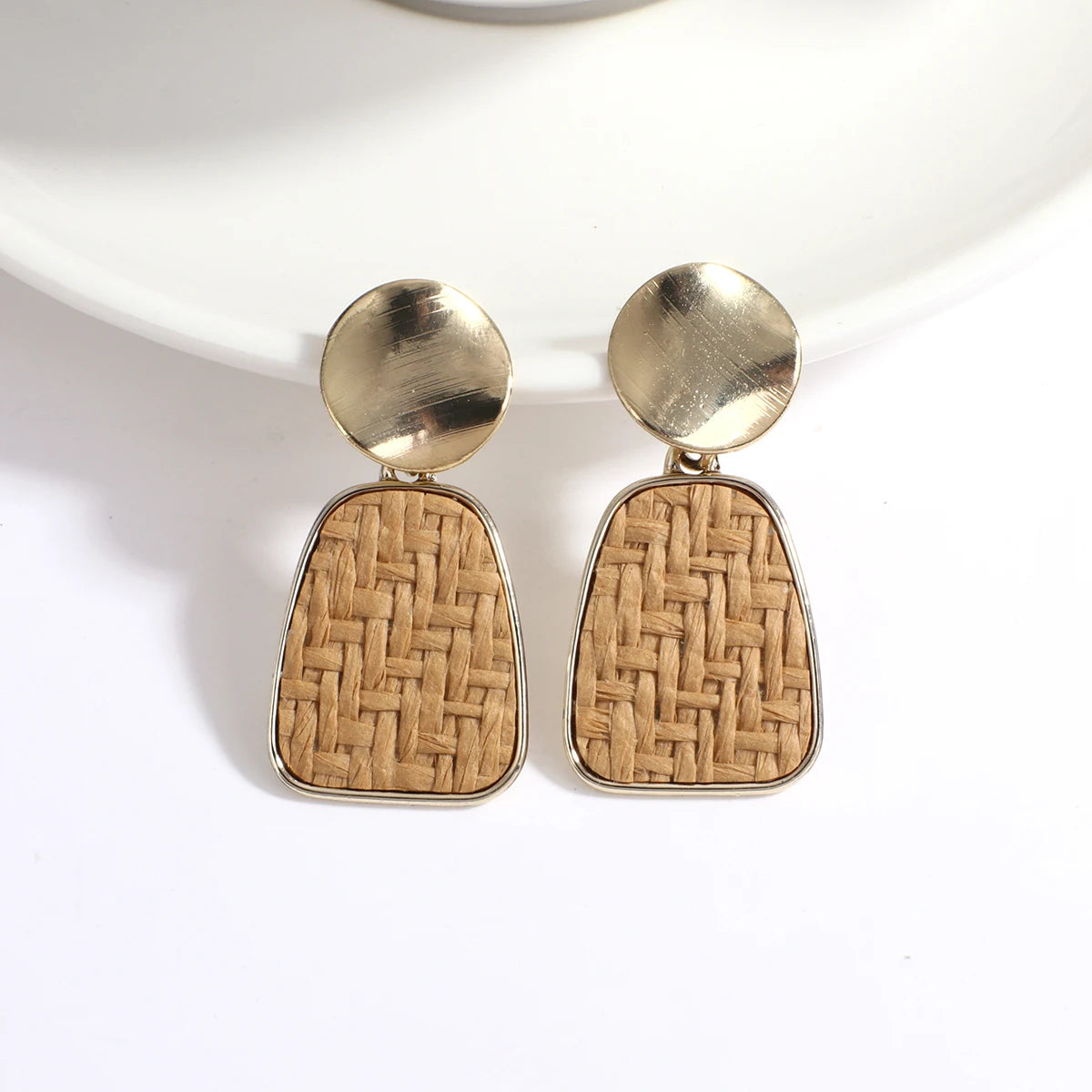 Wooden Rattan Braid Geometric Drop Earrings Jewelry