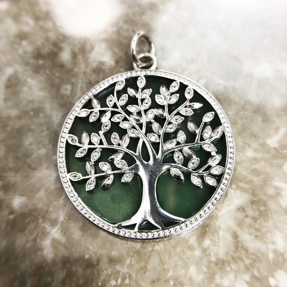 S925 Silver Green Stone Tree of Life Pendant, Sacred Growth Amulet Necklace