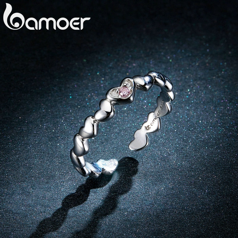 bamoer Pink CZ Heart Stackable Finger Rings for Women Free Size Adjustable Bands 925 Sterling Silver Jewelry Accessories BSR100