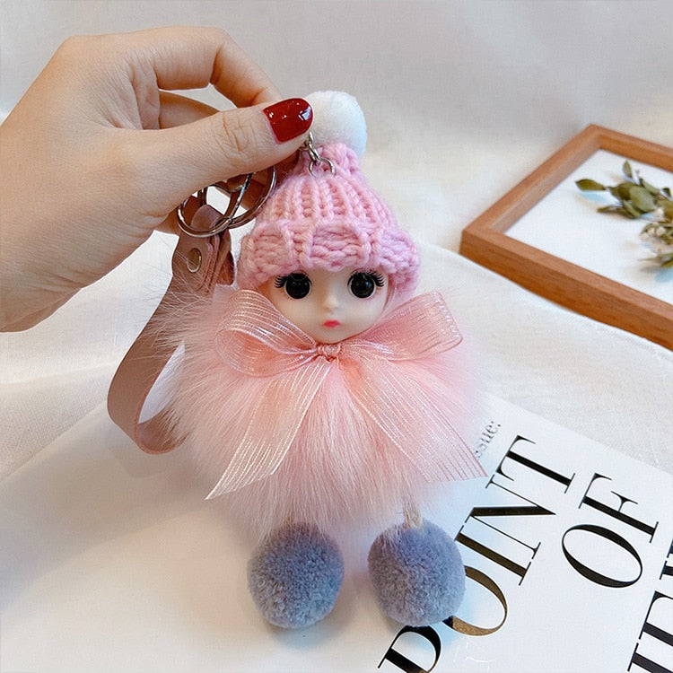 Pompom Sleeping Baby Keychain Cute Fluffy Plush Doll Keychains Women Girl Bags Keyrings Cars Key Ring Gift Charming Decoration