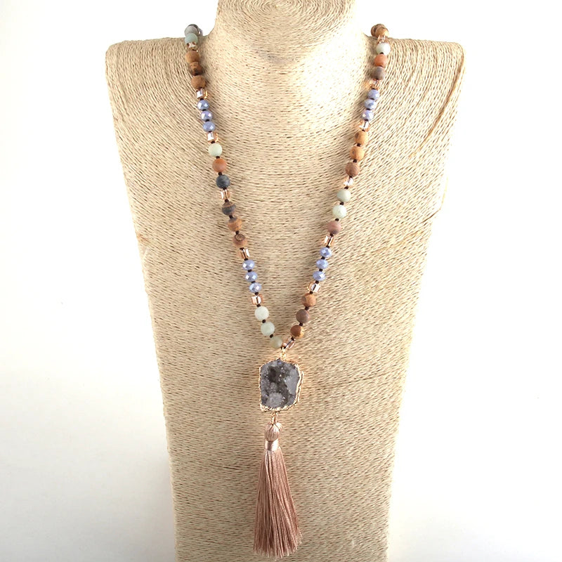 Knotted Natural Stone Long Tassel Necklace Jewelry