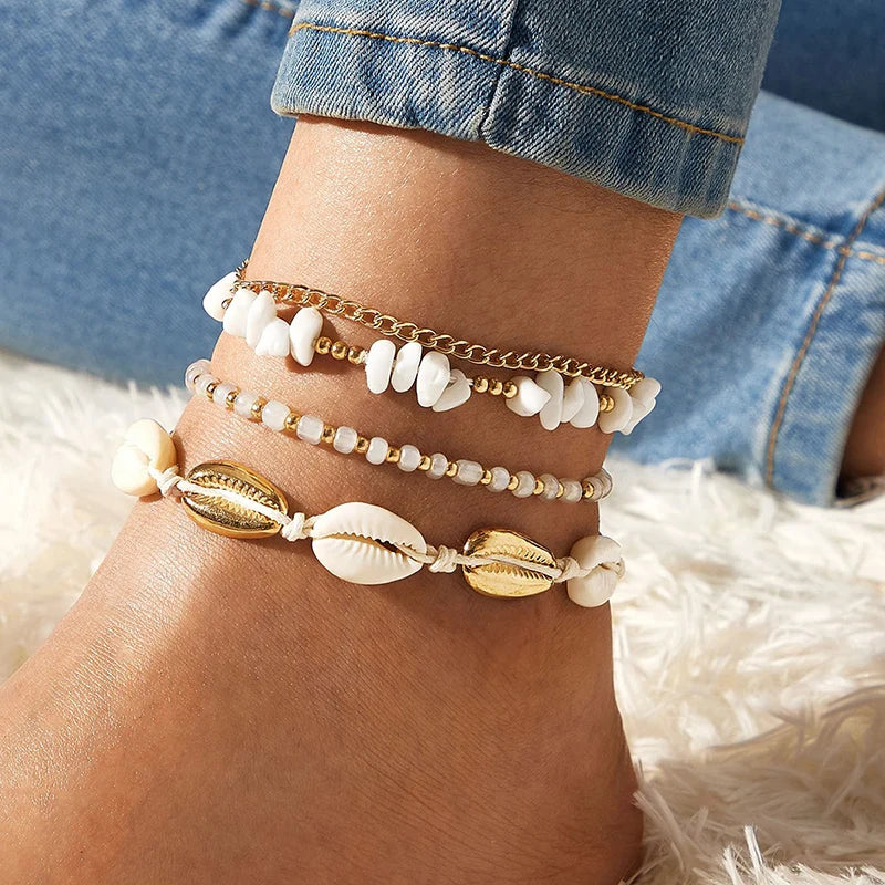 Handmade Shell and Stone Bead Multilayer Boho Anklet Set