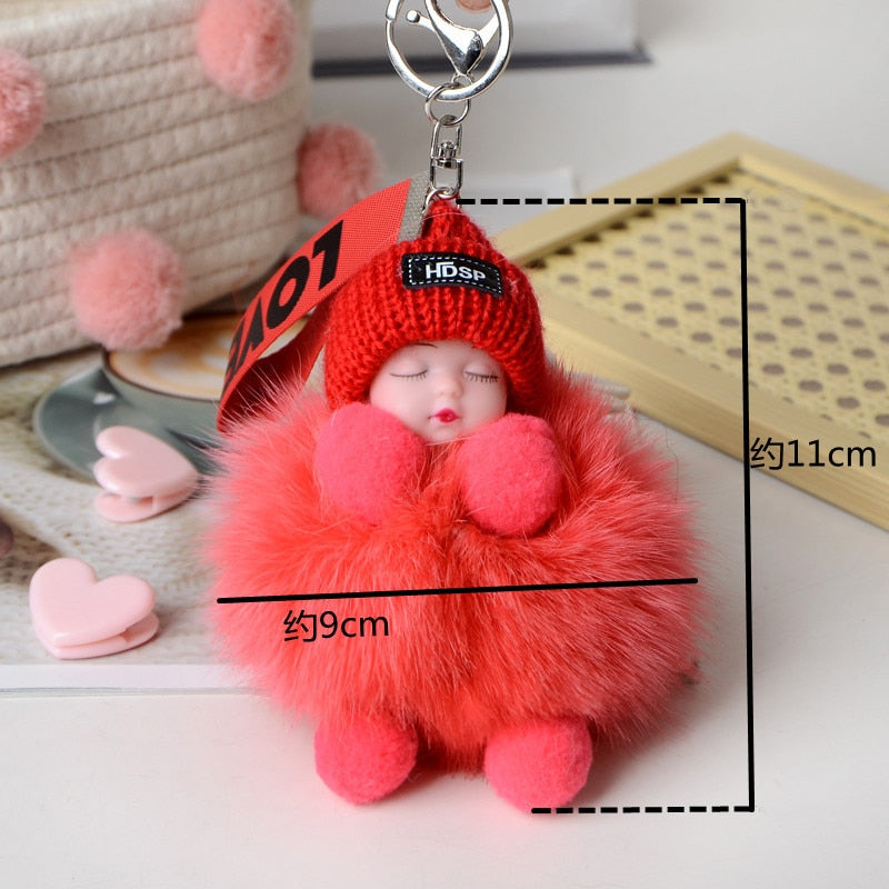 Pompom Sleeping Baby Keychain Cute Fluffy Plush Doll Keychains Women Girl Bags Keyrings Cars Key Ring Gift Charming Decoration