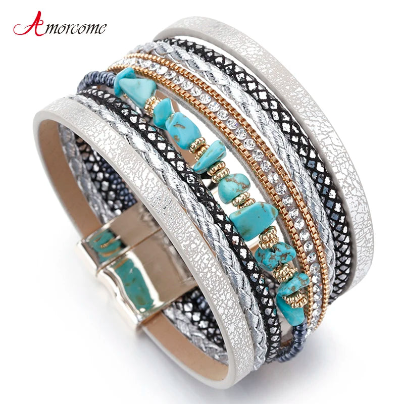 Natural Stone Boho Leather Bracelet