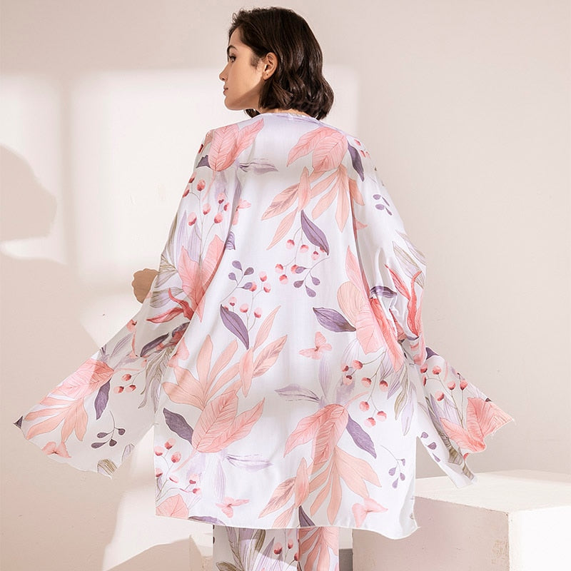 HOT SELLING 3Pcs Soft Pajama Set For SPRING & FALL Ladies Sleepwear Floral Printed Pink Leaves Cardigan+Camisole+Pants Homewear
