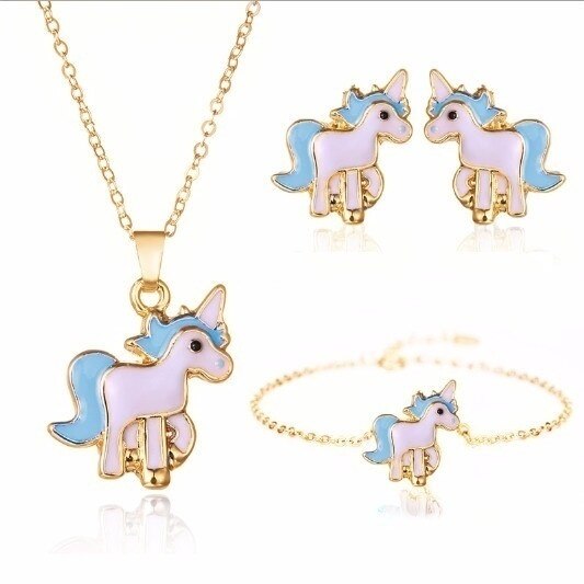 4pcs/set Necklace Earrings Cartoon Unicorn Necklace Earring Jewelry Pink Girls Gift Jewelry Jewelry Earring and Necklace Set