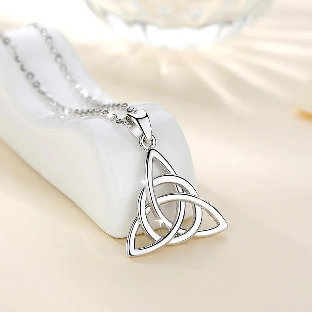 S925 Sterling Silver Celtic Knot Triangle Pendant Necklace, Purple CZ Sacred Geometry Amulet