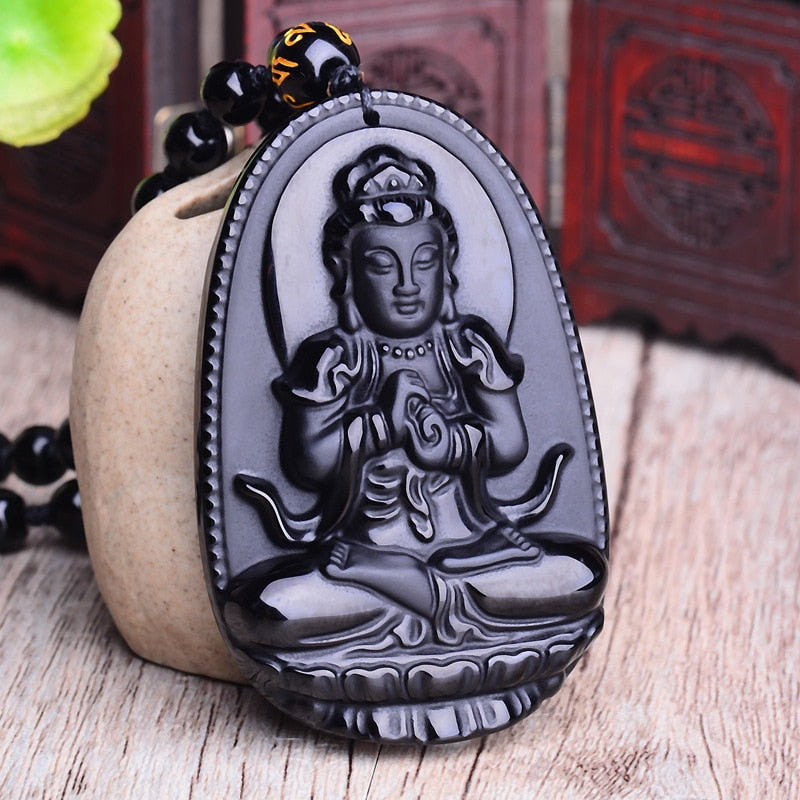 Amitabha Pendant Necklace Black Obsidian Carved Buddha Lucky Amulet Necklaces For Women Men Jewelry Gifts Jewelry