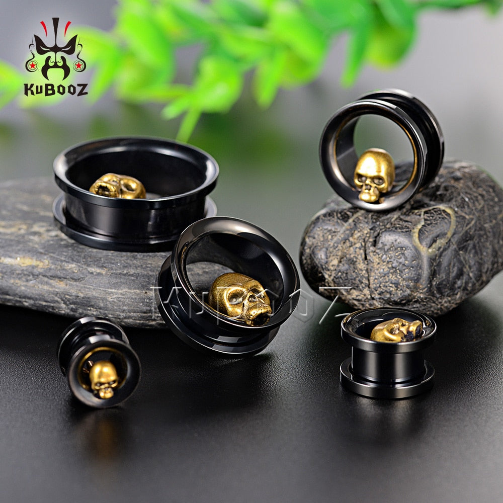 KUBOOZ Newest Popular Fashion Stainless Steel Skull Ear Piercing Tunnels Gauges Body Jewelry Ear Screw Gauges Stretchers 8-25mm