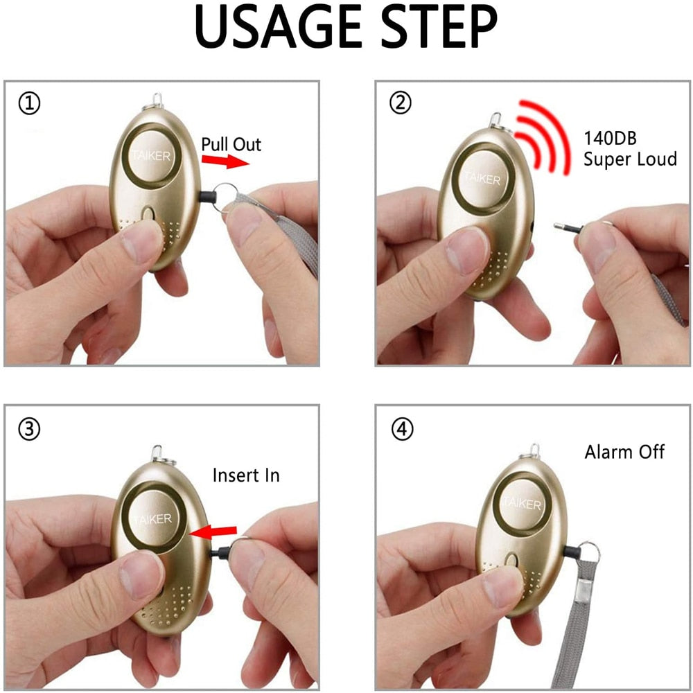 Portable Self Defense 130dB Anti Aggression Personal Security Alarm Keychain LED Lights Emergency Safety For Women
