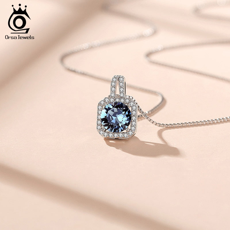 ORSA JEWELS Blue Crystal Necklace for Women 925 Silver Pendant Necklace Female Exquisite Romantic Fine Jewelry Necklace SWN01