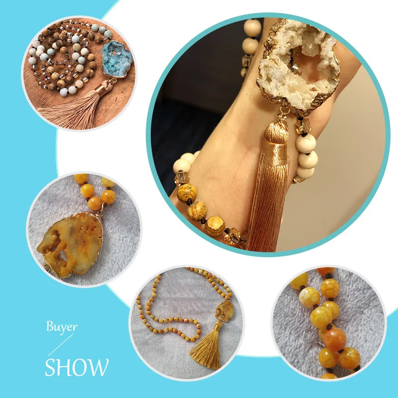 Knotted Druzy Stone Tassel Necklace Jewelry