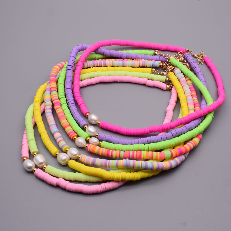 New Colour Boho Natural Fresh Water Pearl Necklace Color Soft Polymer Clay Beads Choker Necklace Beach Femme Jewelry Gift