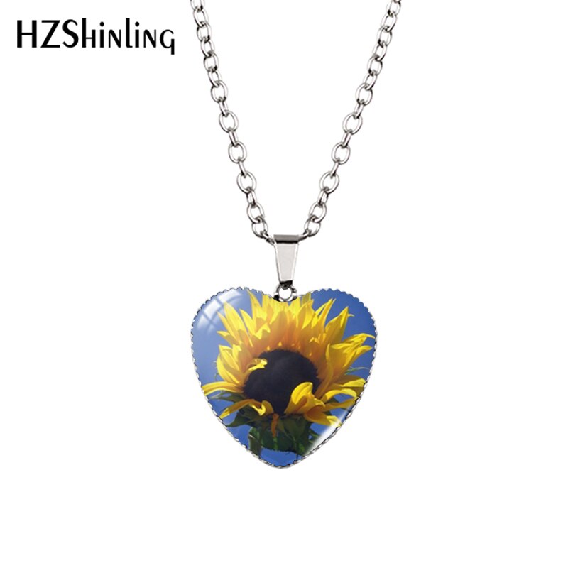 Sunflower Heart Necklace Yellow Sunflower Pendant Glass Picture Jewelry Fashion Heart Necklace HZ3