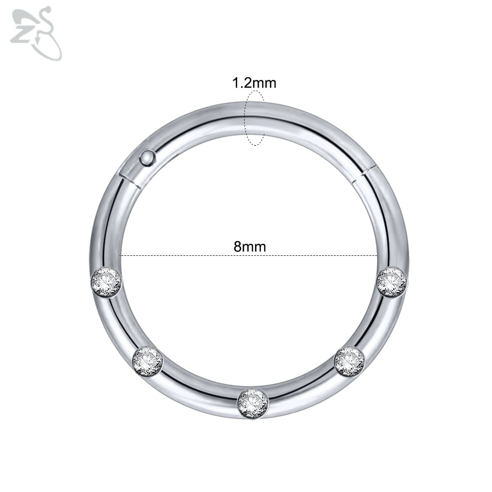 ZS 1 Piece 316L Stainless Steel Nose Ring 16G Zirconia Septum Clicker Rock Ear Helix Septum Piercing Rings Piercing Jewelry 8mm
