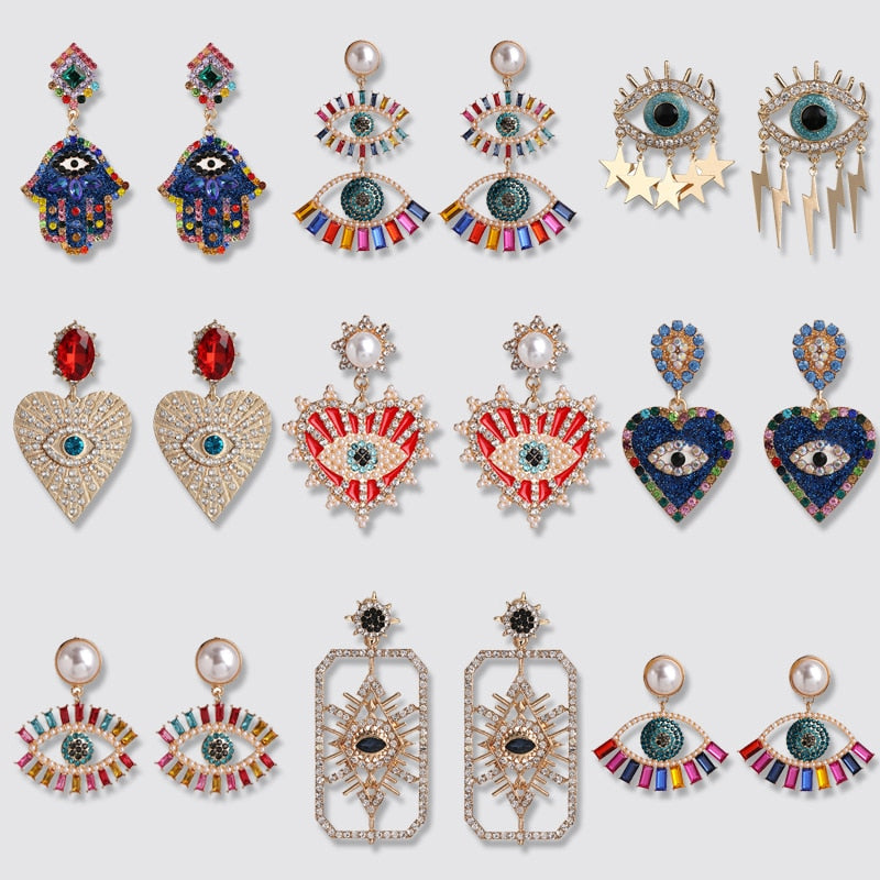 JUJIA Trendy Ethnic Love Heart Shape Evil Eye Drop Earrings For Women Vintage Statement Crystal Dangle Earring Jewelry Gift