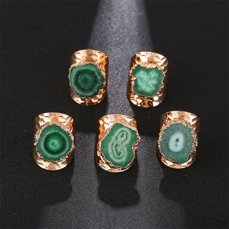 Boho Irregular Natural Stone Agate Slices Sunflower Wide Open Ring for Women Gold Plated Resizable Finger Jewelry - Charlie Dolly