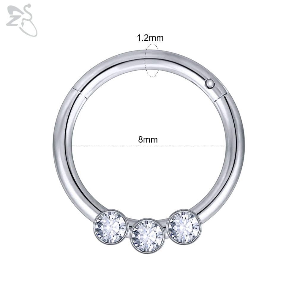 ZS 1 Piece 316L Stainless Steel Nose Ring 16G Zirconia Septum Clicker Rock Ear Helix Septum Piercing Rings Piercing Jewelry 8mm