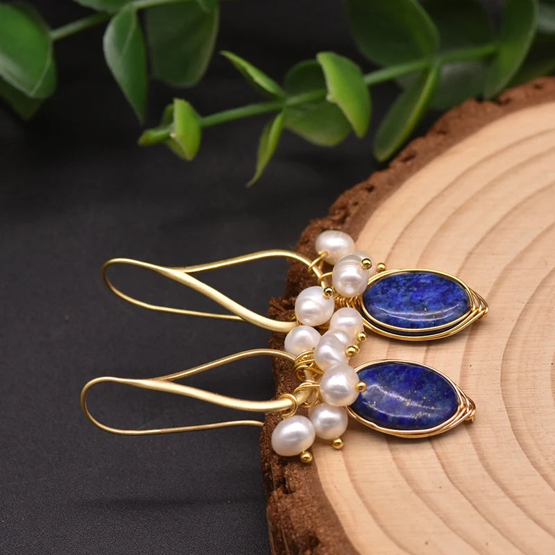 GLSEEVO Natural lapis lazuli Pearl Temperament Drop Earrings Women Girls Party Gift Original Design Luxury Jewellery Gift GE0988 - Charlie Dolly