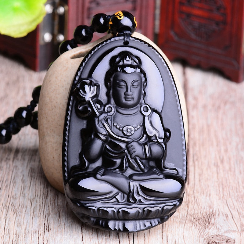 Amitabha Pendant Necklace Black Obsidian Carved Buddha Lucky Amulet Necklaces For Women Men Jewelry Gifts Jewelry