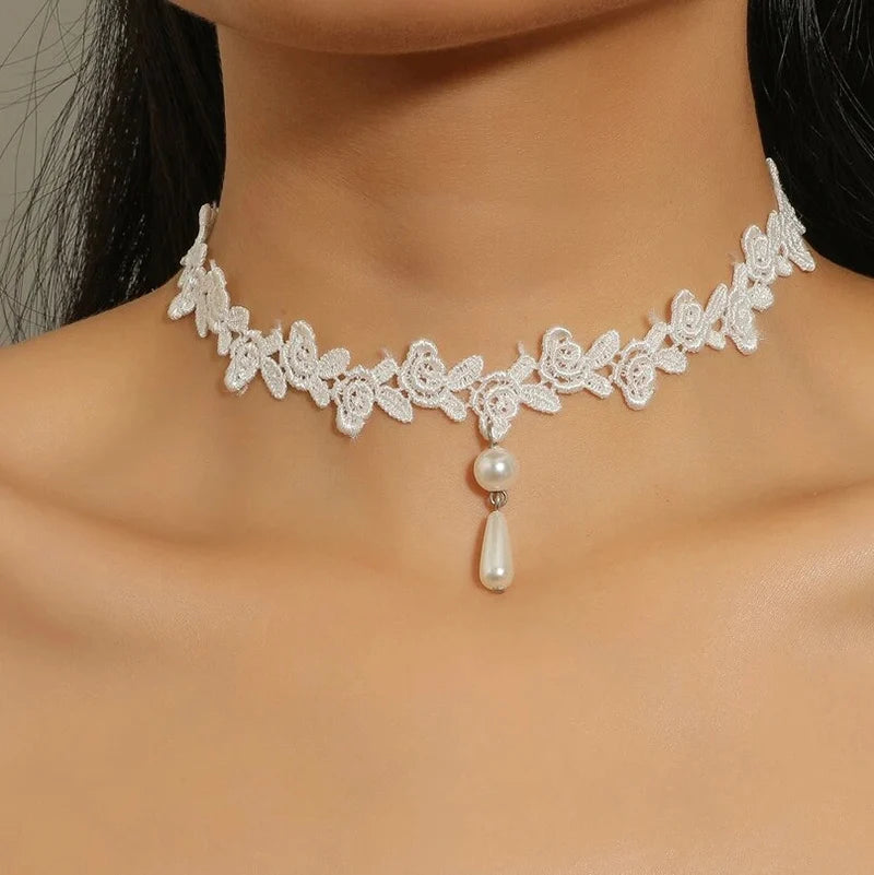 Lace Choker Pearl Tassel Necklace Jewelry