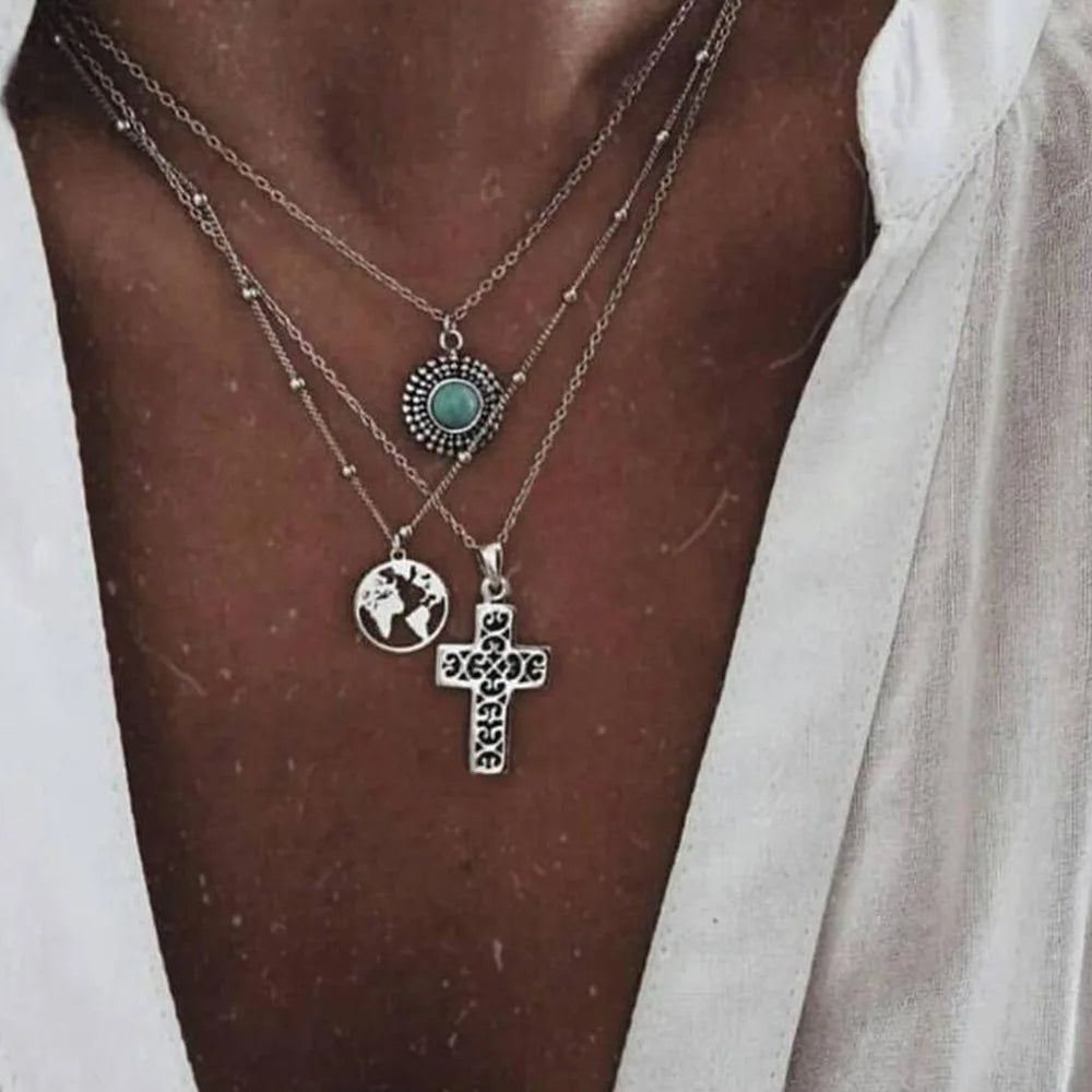Moon Cross Tree Star Layered Choker Necklace Jewelry