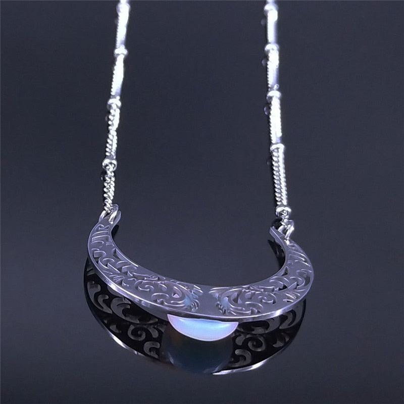 2023 Moon Moonstone Stainless Steel Chain Necklace Women Silver Color Pendants Necklaces Boho Jewelry bijoux femme N1129S04