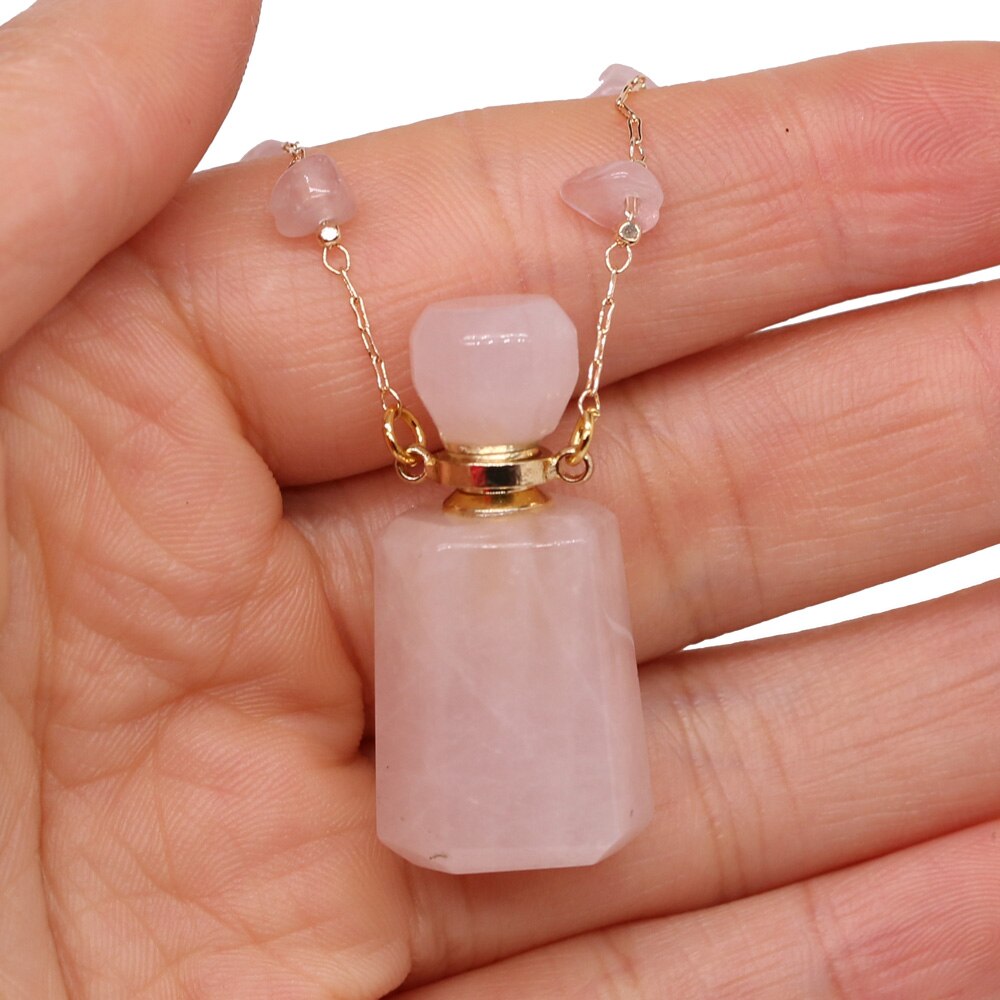 Natural Stone Perfume Bottle Necklace Pink Quartz Pendant Charms For Elegant Women Love Romantic Gift 60 CM