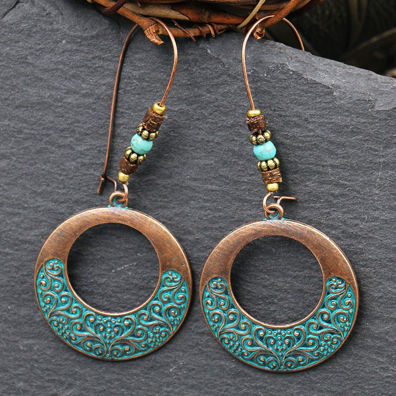 Exknl Fashion Vintage Drop Earrings For Women Alloy Crystal Ethnic Beads Boho Flower Earrings Colorful Dangle Earrings Jewelry